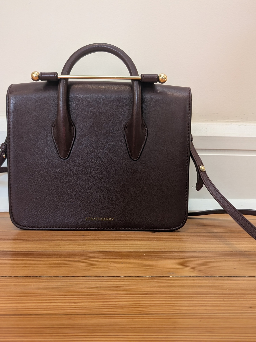 Strathberry Burgundy Leather Midi Tote with Gold Bar Handle